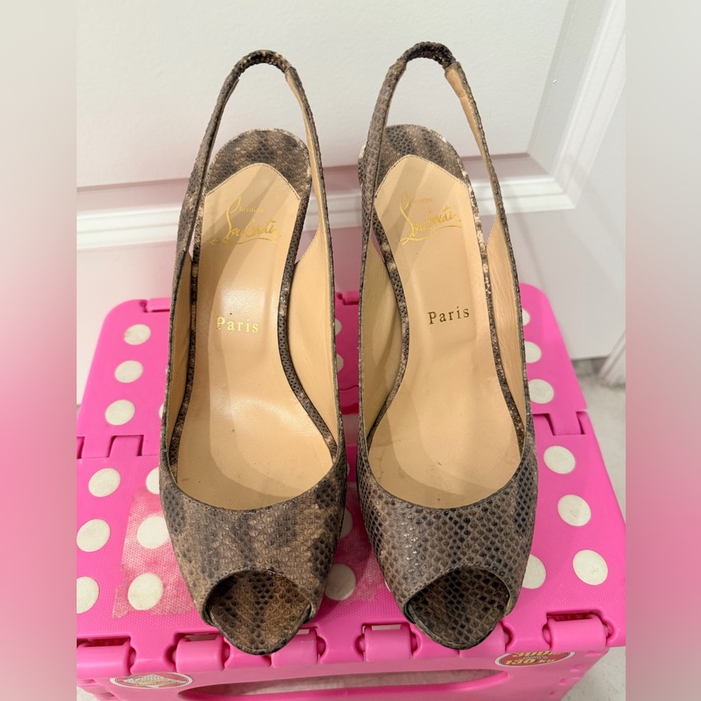 Christian Louboutin Snakeskin Peep-Toe Slingback Heels